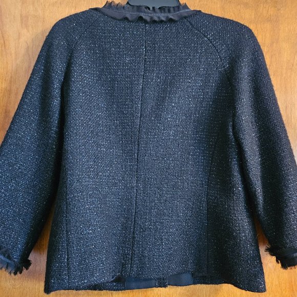 Talbots Black Shimmer Tweed Jacket Like New 3/4 Sleeve w/Ribbon Fringe Trim 10P - Picture 2 of 8